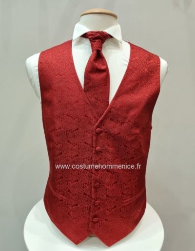 Gilet sur mesure et et cravate, rouge motifs pour mariage et cérémonie - réalisable dans 300 coloris - Caralys Nice - Alpes Maritimes (06)